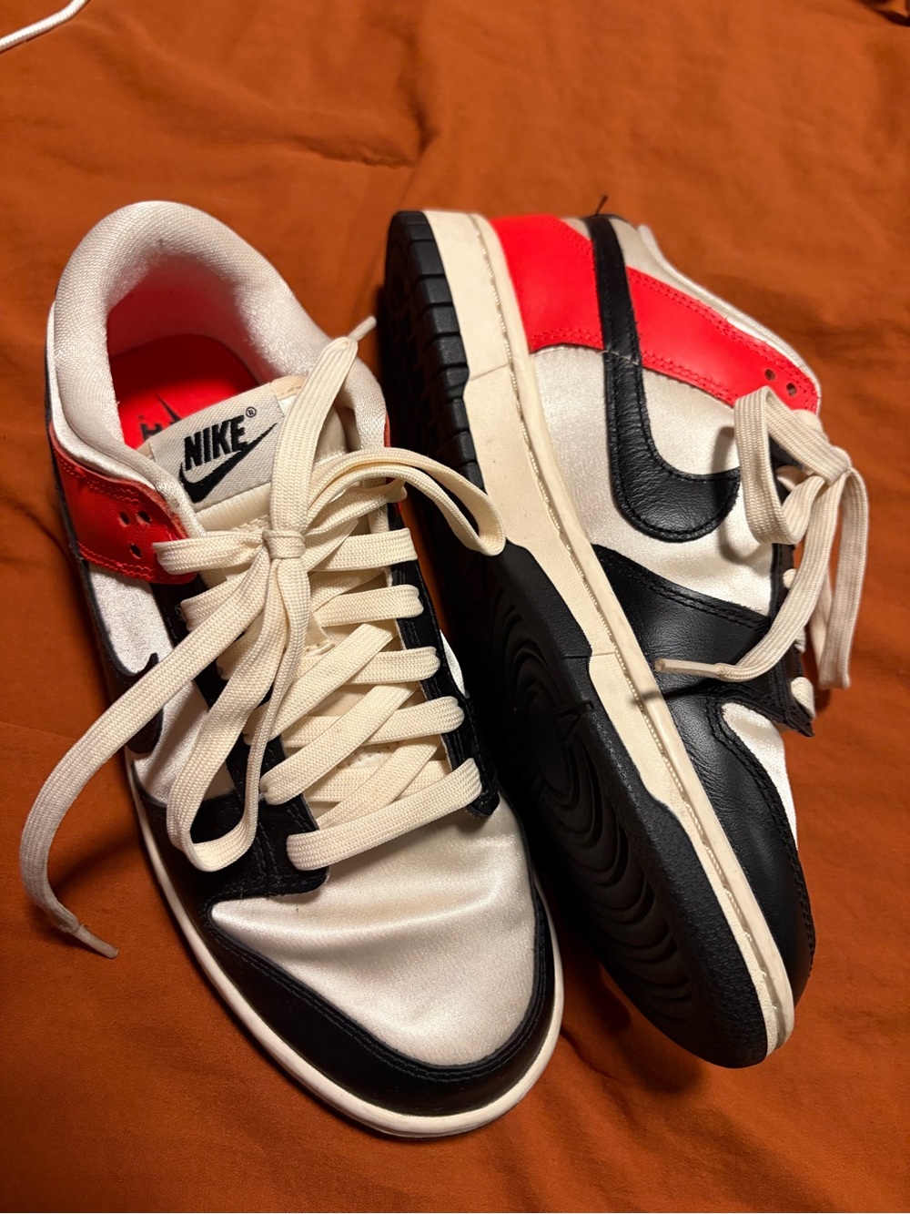 Title: Nike Dunk Low Women’s Black Red Satin Sneakers – Excellent Condition